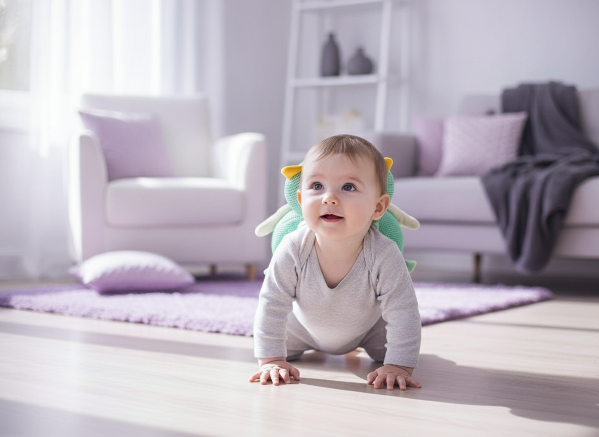 A baby wearing a SafeTot Head Protection Pillow on all fours, looking up curiously in a modern living room. The pillow cushio