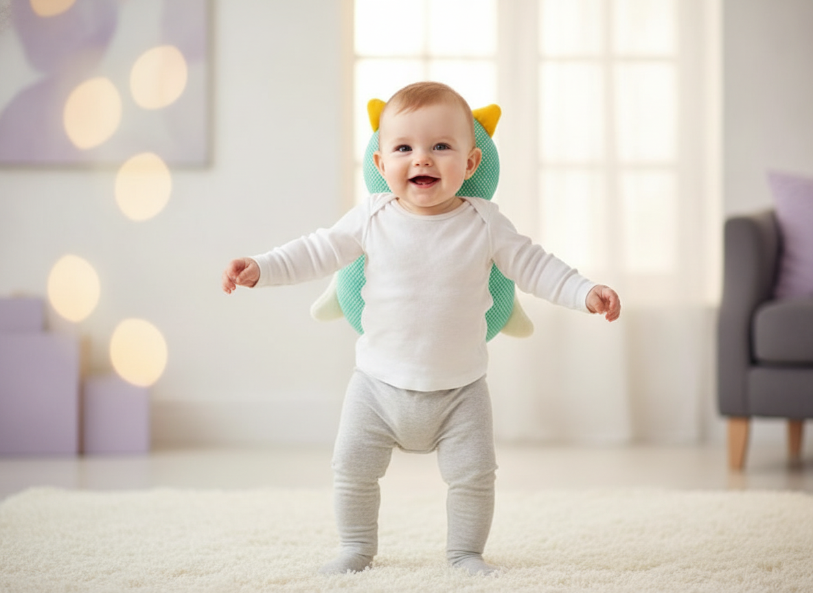 Baby wearing a SafeTot Head Protection Pillow stands unassisted, demonstrating balance and head protection during early walki