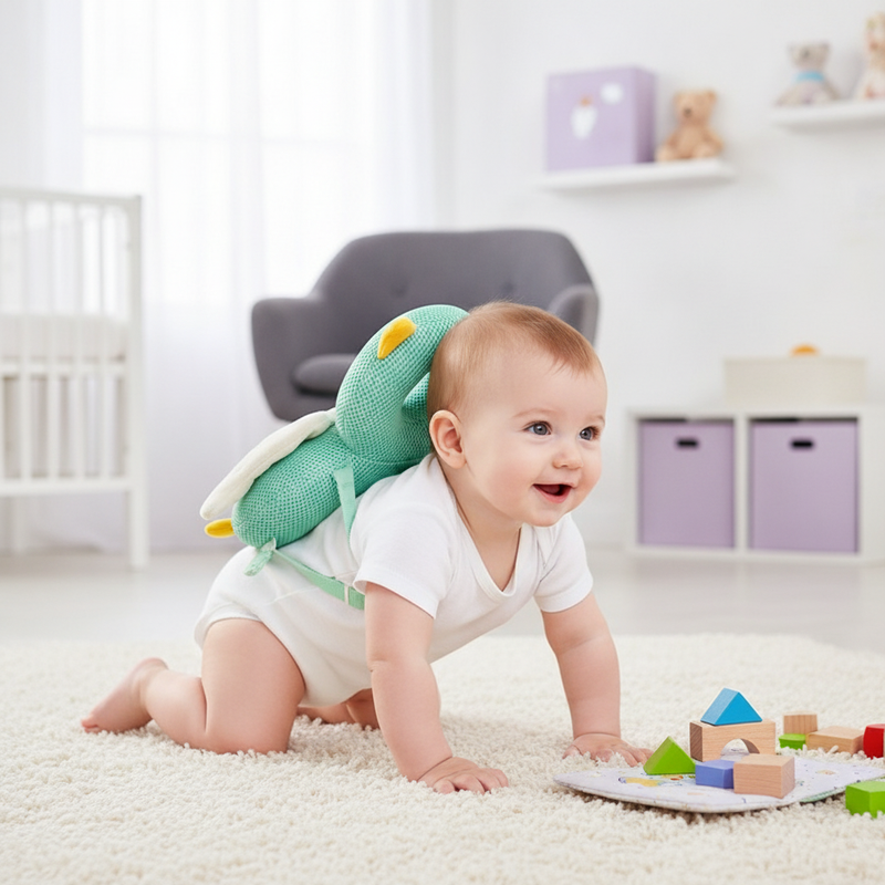 Baby crawls on a rug in a nursery, wearing a SafeTot Head Protection Pillow, exploring toys. The room has a soft lavender and