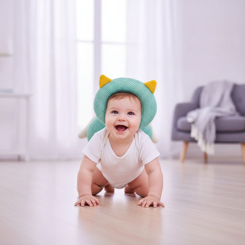 A smiling baby wearing a SafeTot Head Protection Pillow crawls on a polished hardwood floor in a modern living room.