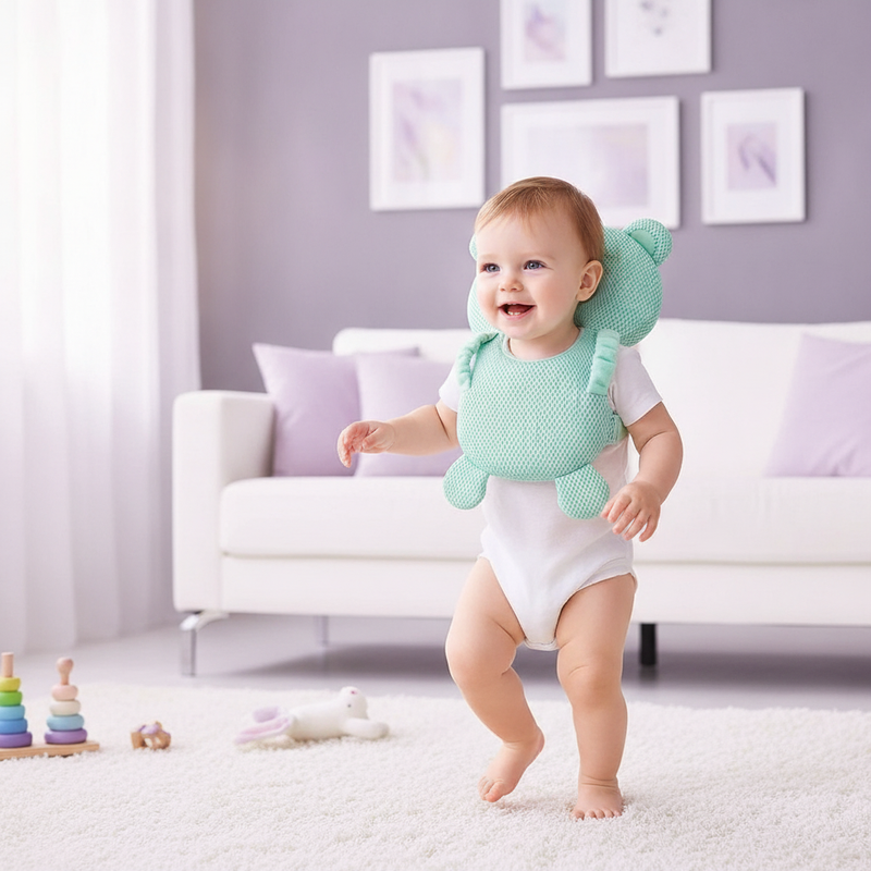 A happy toddler wears the SafeTot Head Protection Pillow, taking confident first steps in a bright living room.